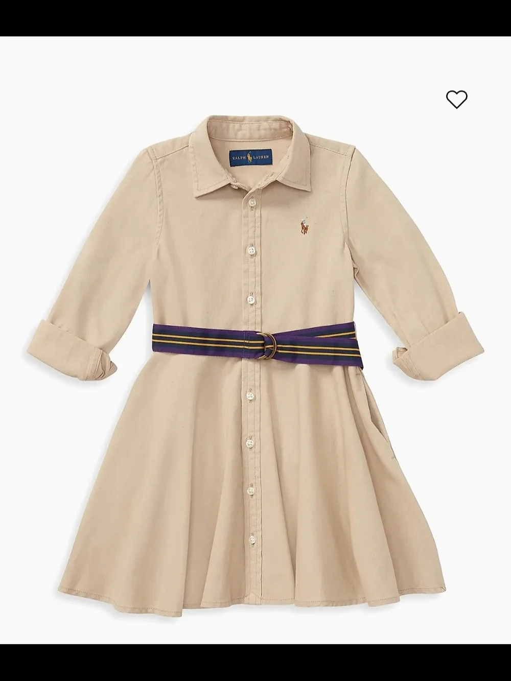 Ralph Lauren Khaki Button-Front Chino Shirt Dress with Navy+Purple & Gold Belt